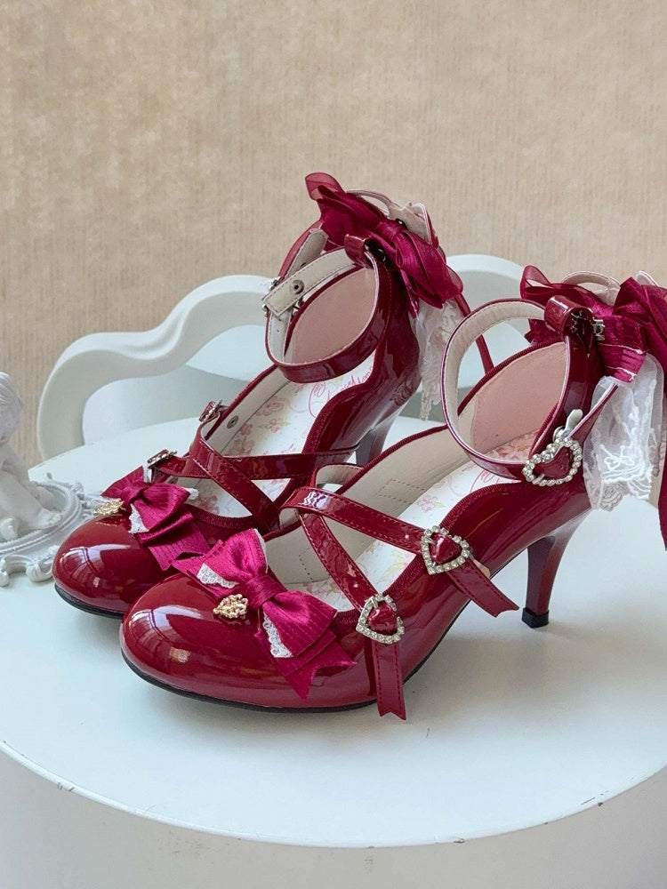 Wine Red Strawberry Embroidered 9cm Heels with Bow - Cheese Mango