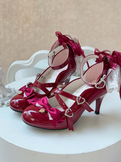 Wine Red Strawberry Embroidered 9cm Heels with Bow - Cheese Mango