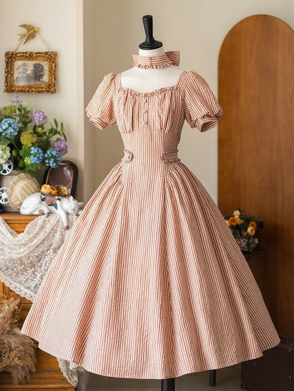 Stoff Puff Quadrat Ärmel Orange Vintage Retro Gestreiften Ausschnitt Kleid Mode