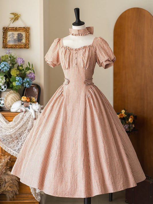 Stoff Puff Quadrat Ärmel Orange Vintage Retro Gestreiften Ausschnitt Kleid Mode