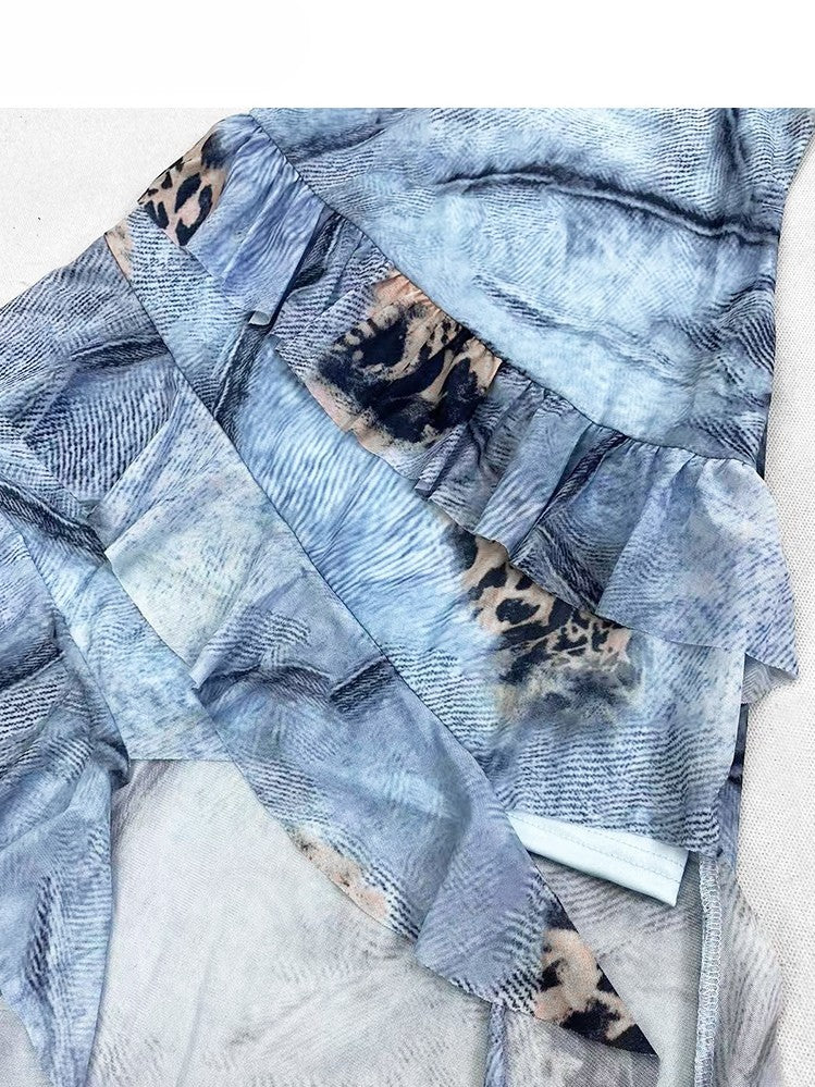 Y2K フリルとドレスキャミ付き ブルーキャミソール ブラックカスケードトリムスカート グラマラスハイロー