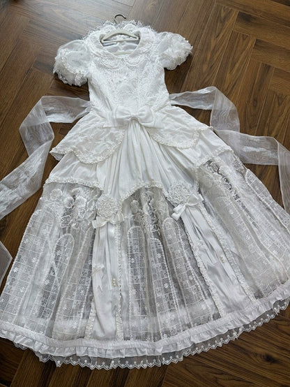Classic Ivory Puff-Sleeve OP Gown with Sash & Lace Accents - Sleepless Unanswered