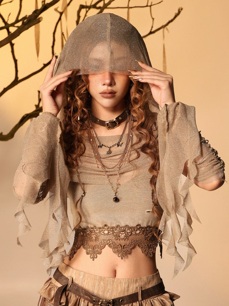 Brown Glitter Sheer Mesh Hood - Virtual Orbit