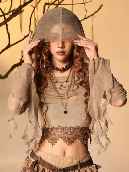 Brown Glitter Sheer Mesh Hood - Virtual Orbit
