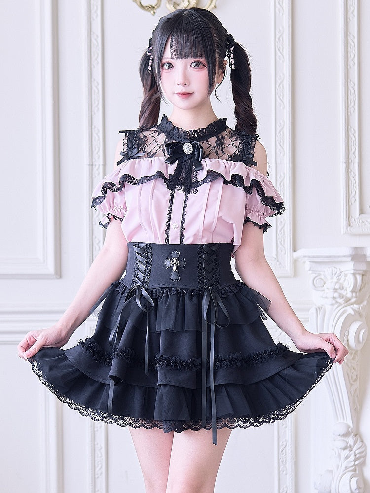 Bluse Top Schwarze Schulter Jirai Illusion Offen mit Kontrast Kei Ausschnitt Pink