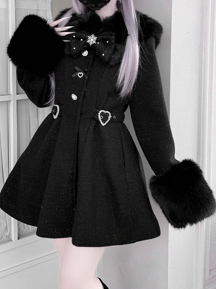 Faux Fur Detachable Coat Waisted Kei Black/Beige Collar with and Cuffs Jirai