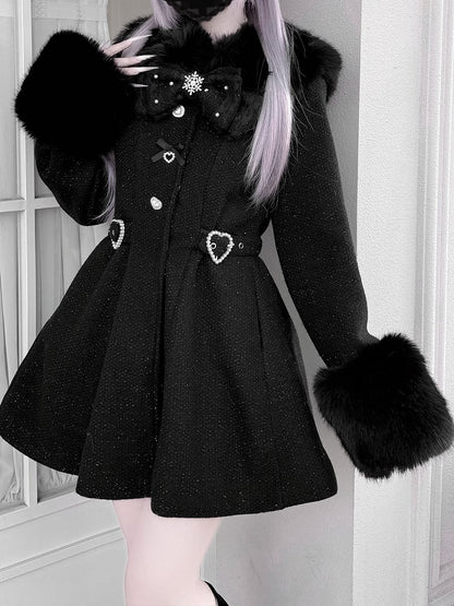 Faux Fur Detachable Coat Waisted Kei Black/Beige Collar with and Cuffs Jirai