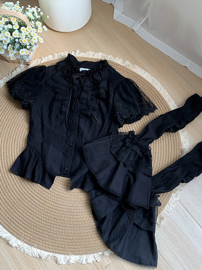 Comfortable Shirt Neckline Black Puff Sleeves Breathable Short Ruffle and