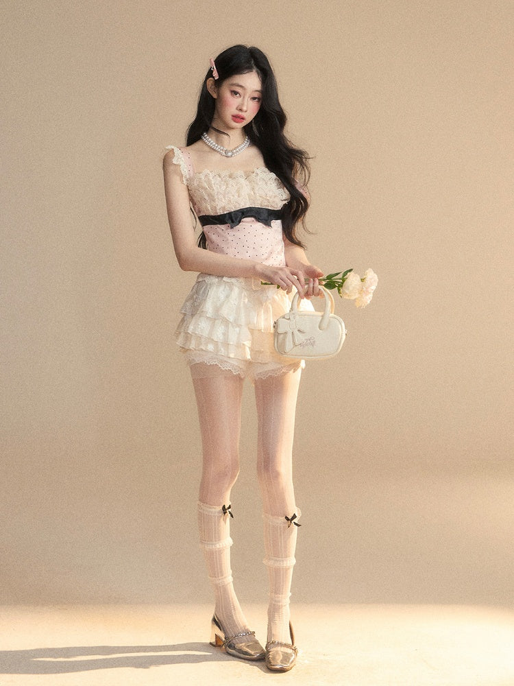 Glamorous Rosa Polka-Dot Muster Ärmelloses Top Rüschen Spitze Trim Detail Schleife