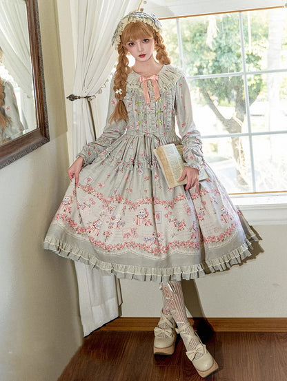 Green Floral and Kitty Spring Long Sleeves Pink House Style Sweet Lolita Dress