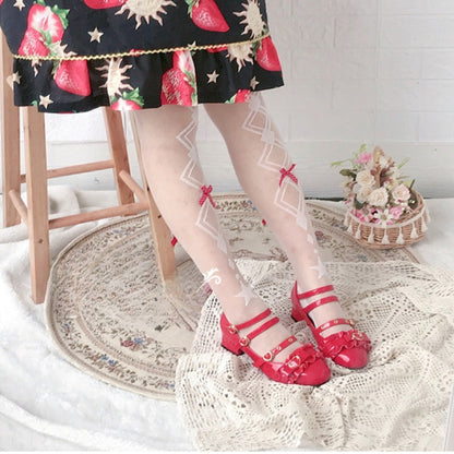 Red Bows Diamond Pattern Lolita White Over Knee Stockings