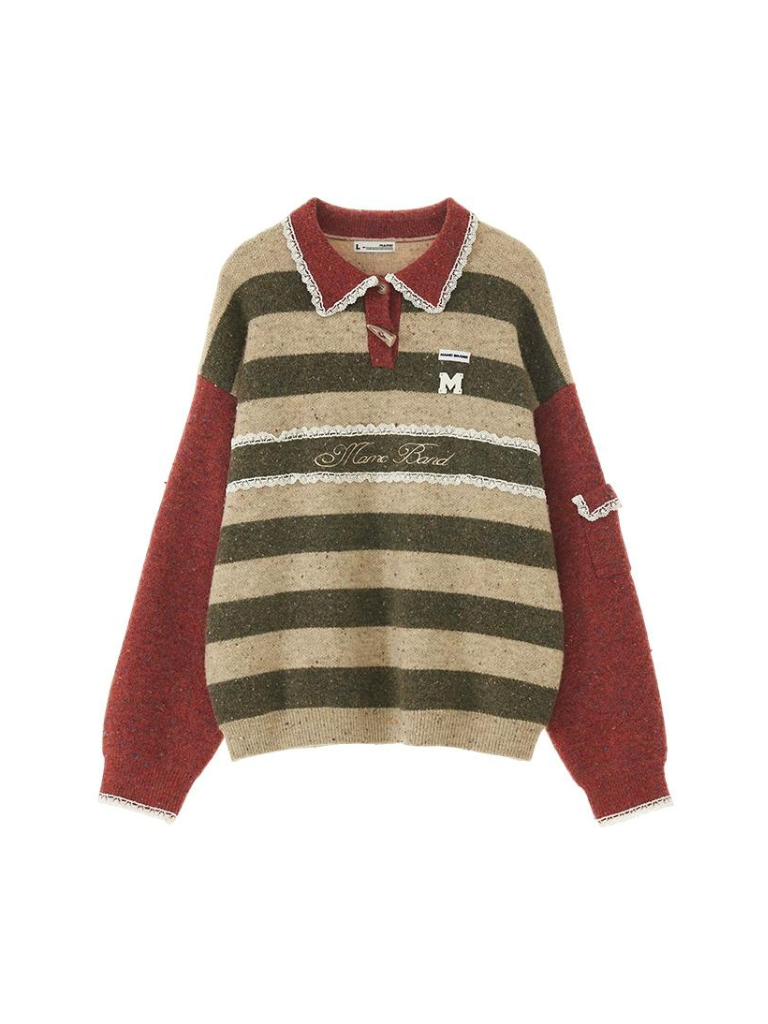 Polo Striped Sweater Retro Lace Pullover