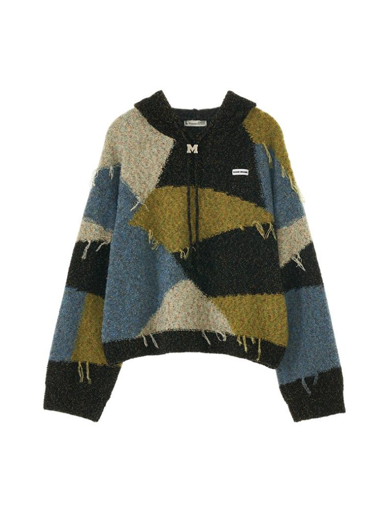 フード付きカラーレトロブロックニット