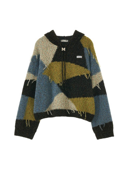 フード付きカラーレトロブロックニット