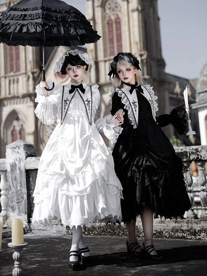 White + Rosette Sharp Embroidery Gothic Collar Lolita Bow Black