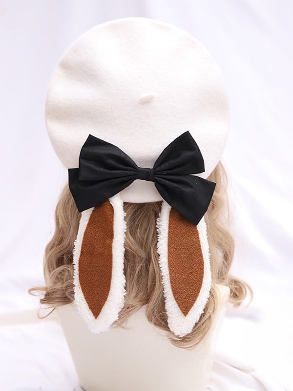Detachable Options White Beret Bunny 6 With Sweet Ear Lolita Color Bow