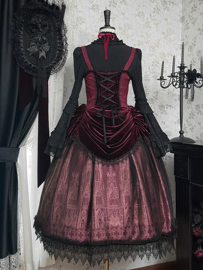 Lolita Dress Cathedral Drapery Waist JSK Burgundy with Gothic Print Velvet and