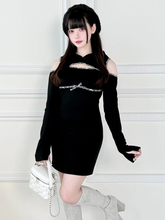 with Jirai Kawaii Kei Dress Chest and Shoulder Black Daily Hoodie Above-Knee Cutouts