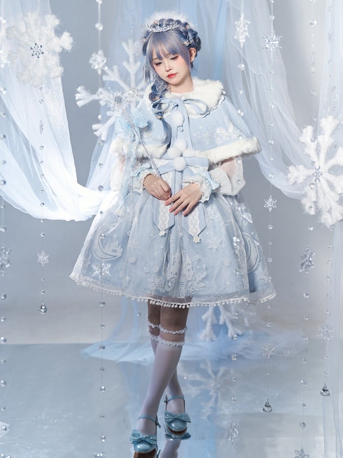 Set Overlay Purple Castle Print Trim Moon Cape Snow with Skirt Plush Light Lace Dress Lolita Jumper