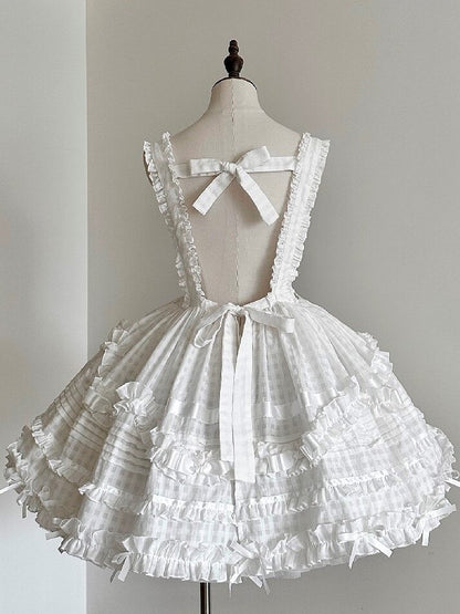 Ivory Checkered Frilly Bow Lolita Jumperdress