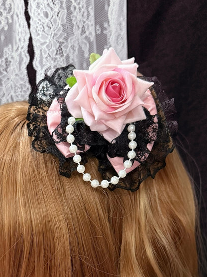 Haarspange mit Blumenmuster, Schleife, Perlenbesatz, Schwarz/Rosa, Spitze