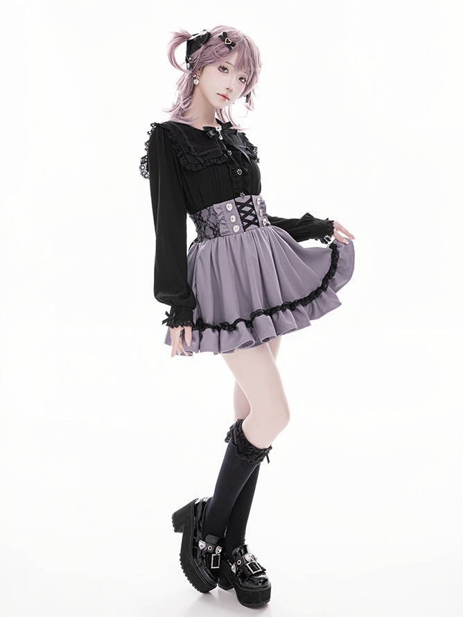 Long Black with Sleeve Lace Kei Detailed Collar Square Beadwork Jirai Blouse Dark Sweetheart
