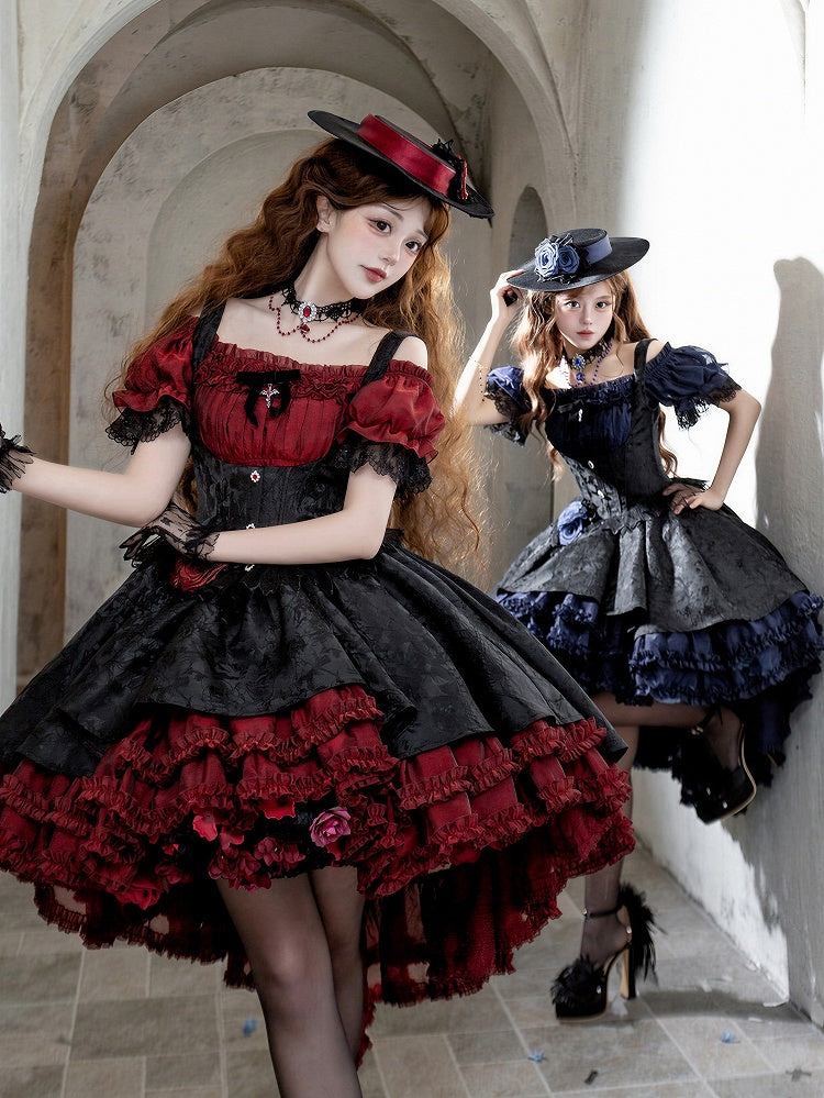 Gothic Underbust JSK Dress with Off-Shoulder Blouse, Red & Black, High-Low Skirt - Sheer Ocean