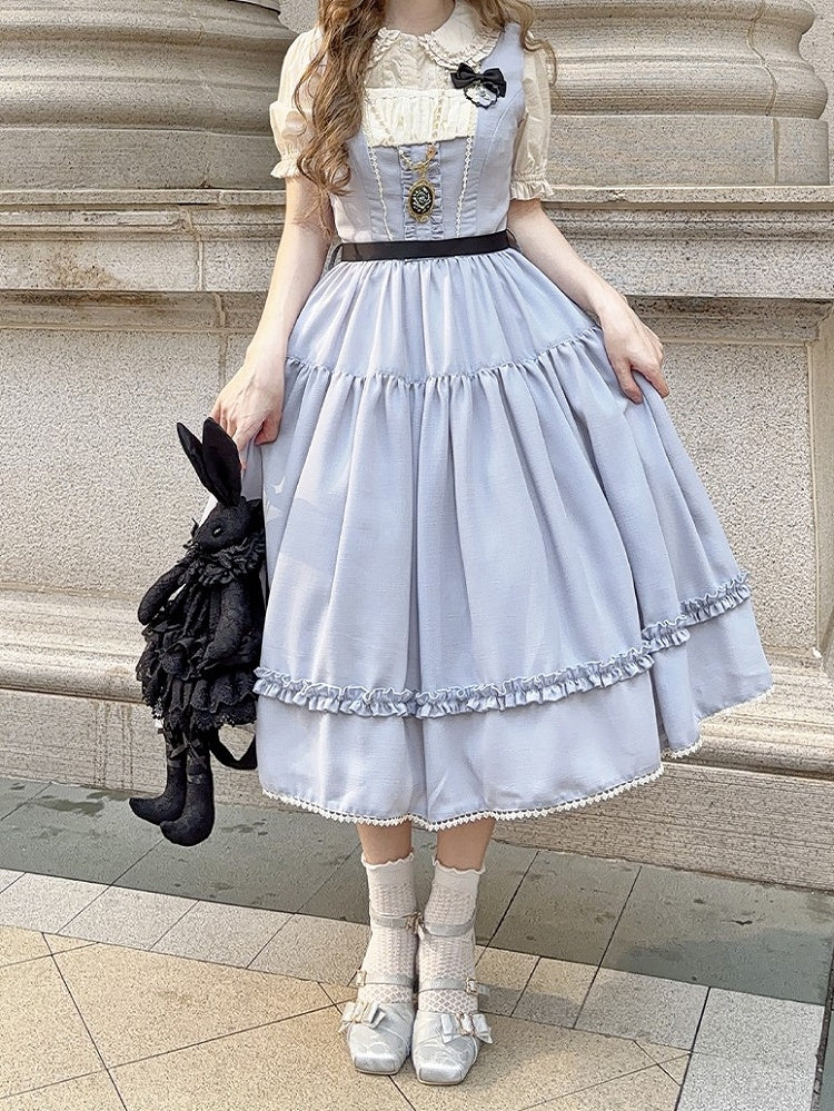 Light Gray Elegant Classic Lolita JSK Dress with Ruffled Front Placket and Lace Trim