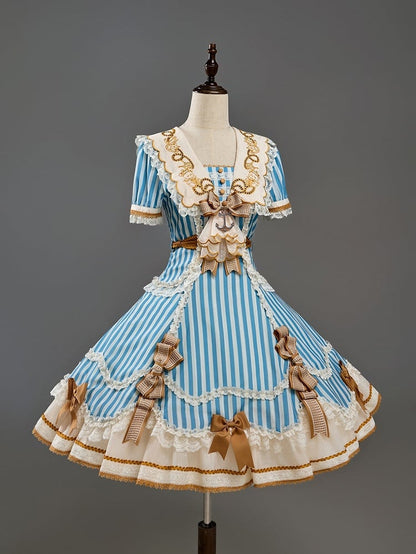 Sailor Bear Theme Striped Dress with Bow Embroidery - Twin Bear Original Design