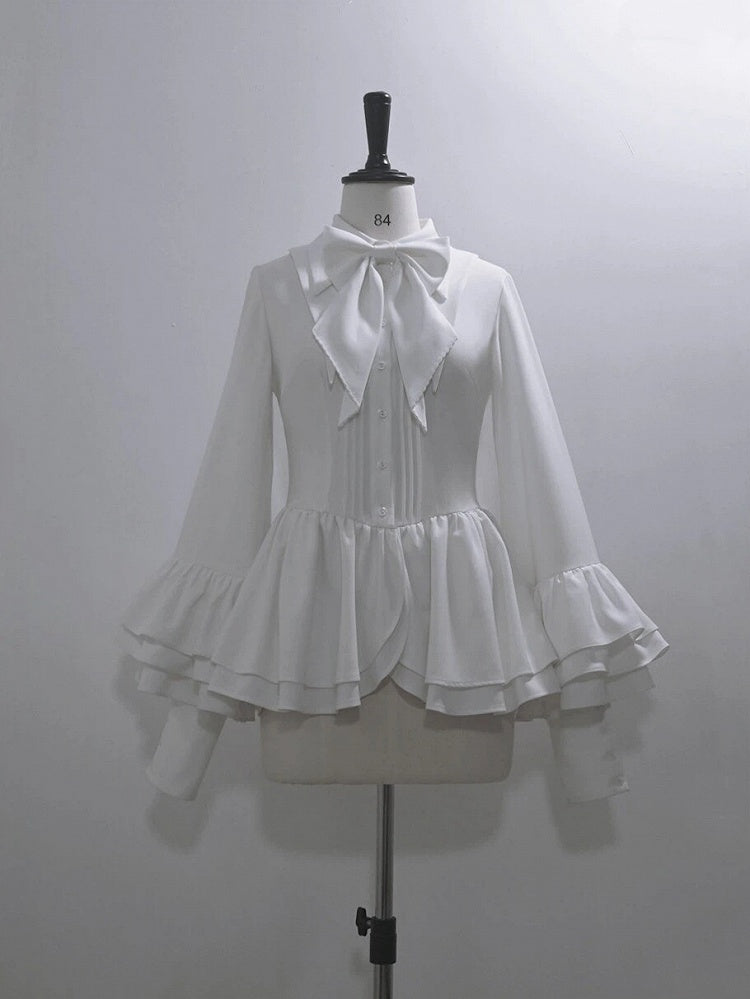 White Ouji Lolita Long Bishop Sleeve Shirt with Flounce Details - Princess Chronicles