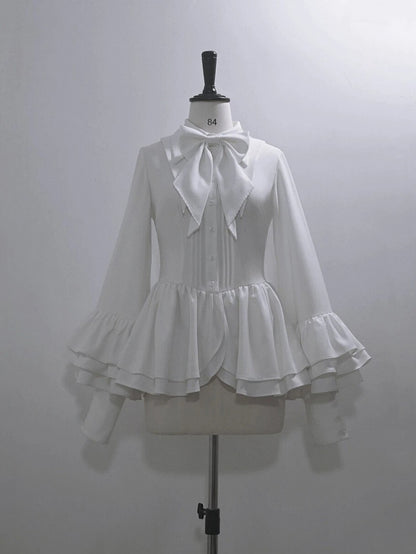 White Ouji Lolita Long Bishop Sleeve Shirt with Flounce Details - Princess Chronicles