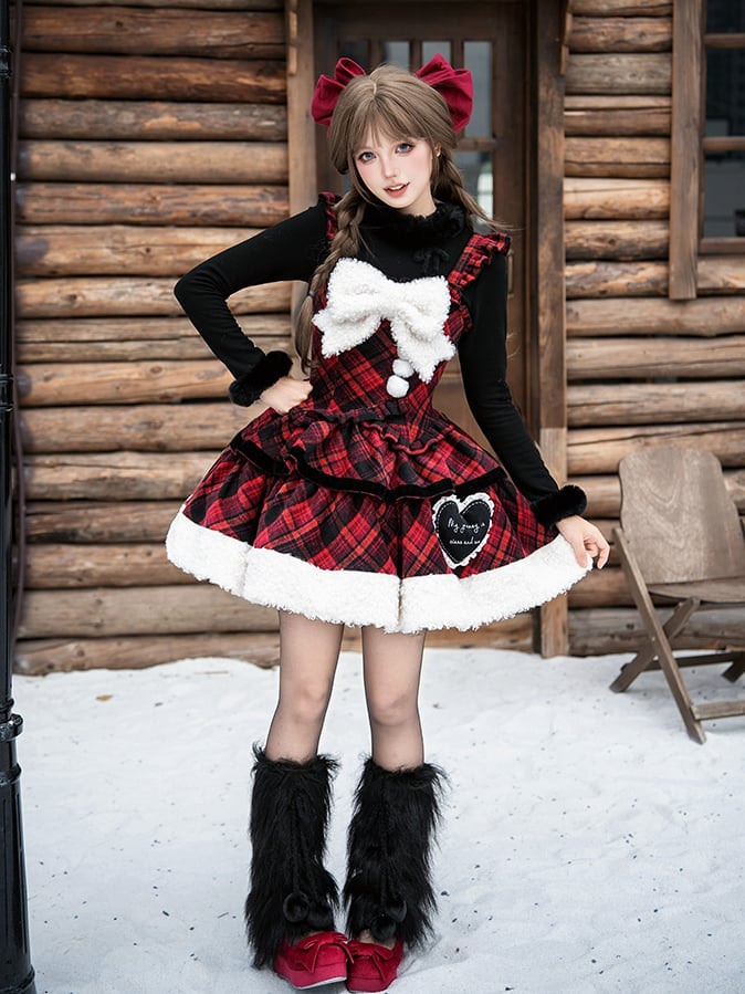 Red with and White Dress Black Winter Brooch Hemline Plaid Bow Plush Lolita Pattern
