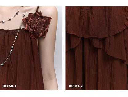 スカーフ装飾ワインレッドフローラル/キャミソールトップ