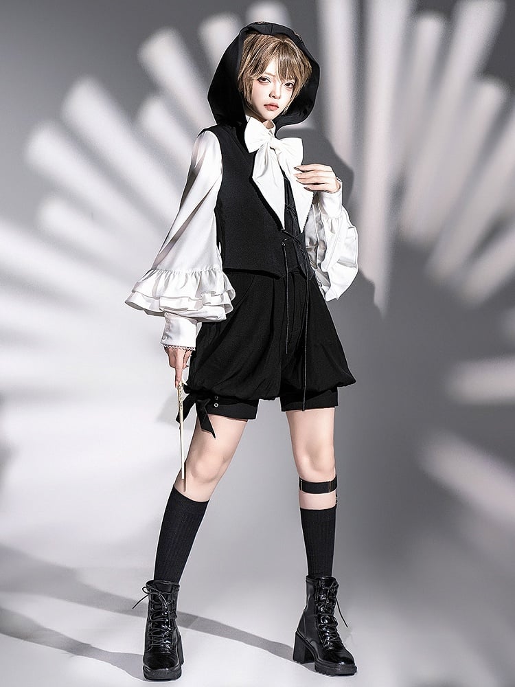 Ouji Lolita-Weste mit Kapuze und schwarzen Ohren, übergroß, Hase