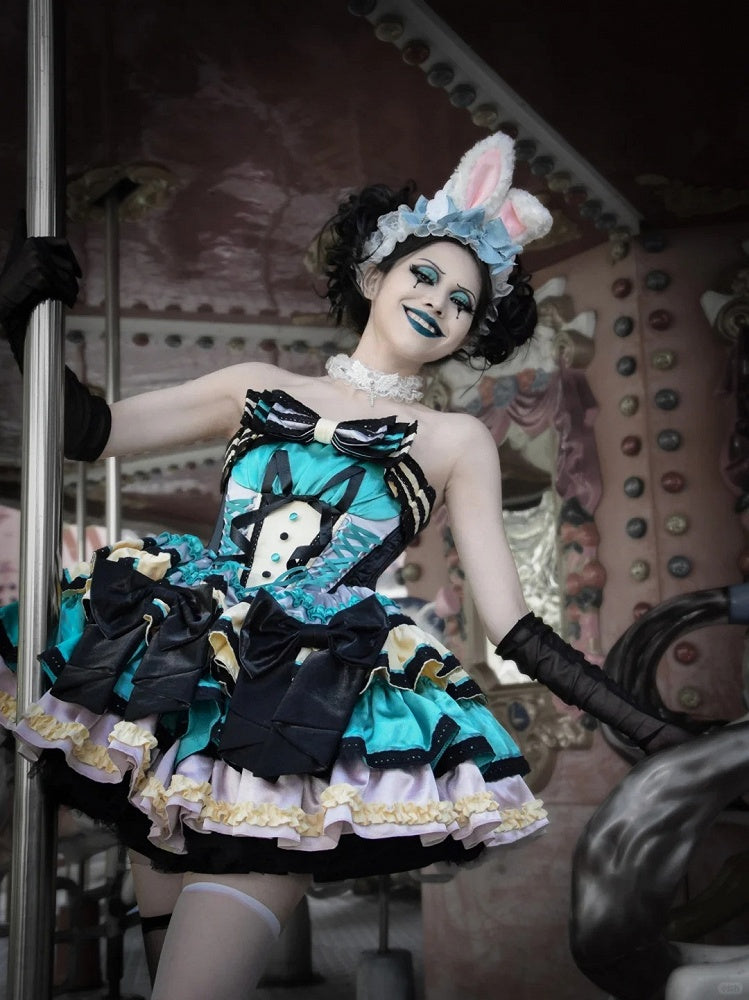 Pink Boned Basque Waist Puffy Dress with Bowknots and Big Padded Heart