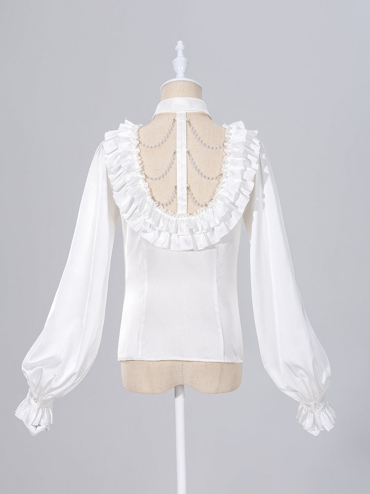 All White Cascading Ruffles V-neck Long Sleeves Backless Shirt with Bead Chains - DevilInspired Exclusive Collection