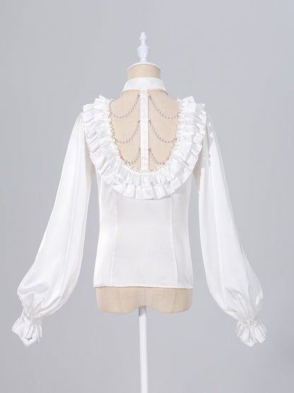 All White Cascading Ruffles V-neck Long Sleeves Backless Shirt with Bead Chains - DevilInspired Exclusive Collection
