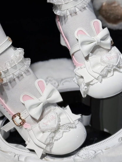 White Sweet Bunny Lolita Shoes with Cat Paw Heel and Heart Bowknot - Sweets Cat