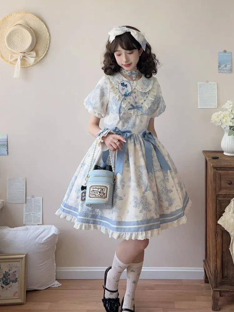 Kragen Lolita Kleid Pan Trauben Kurze Ärmel Blau Peter Print