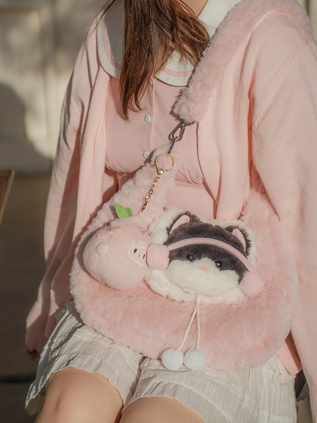 Pink Cute Kitty Plush Shoulder Bag With Pompons