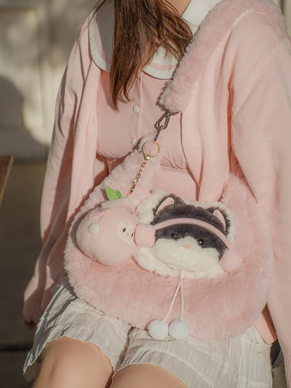 Pink Cute Kitty Plush Shoulder Bag With Pompons