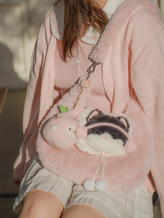 ポンポン付きピンクのかわいいキティぬいぐるみショルダーバッグ