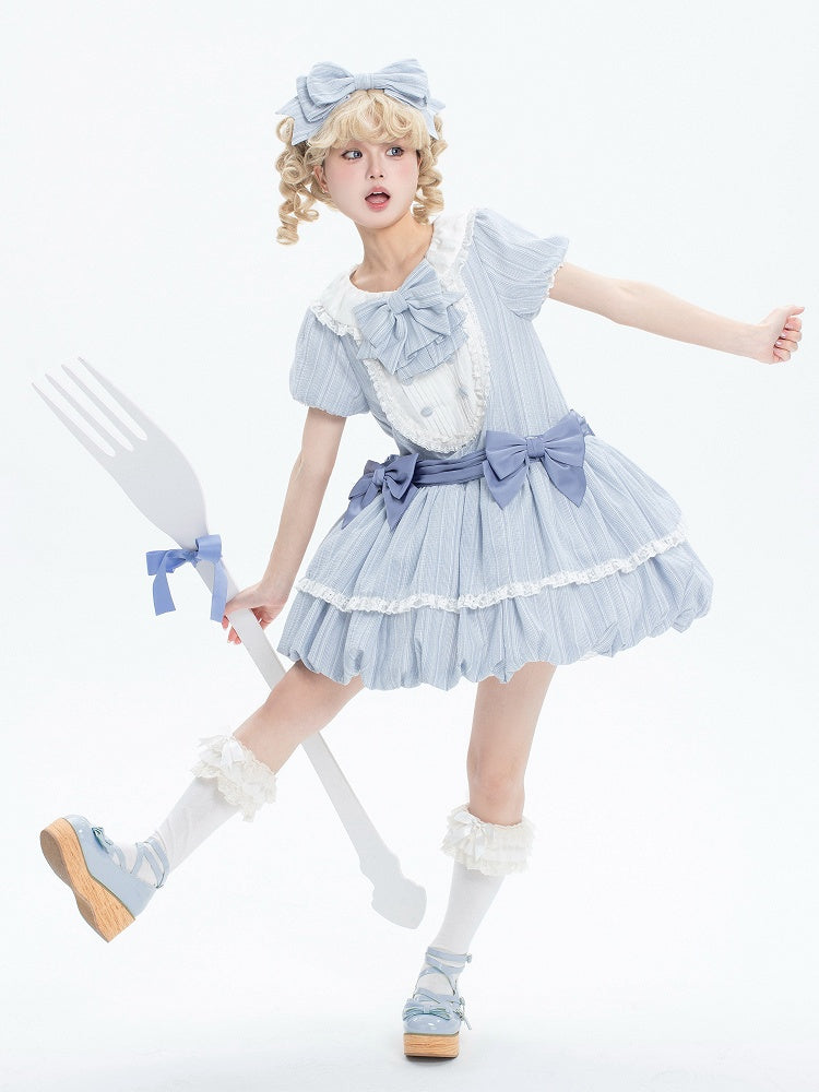 Summer Bubble Puff Blue Skirt Lolita Dress Cotton Sleeves