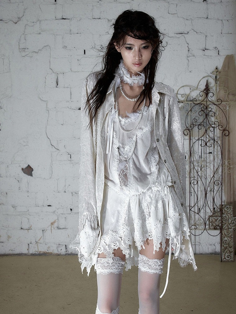 Beige Satin Lace-Trimmed Punk Shirt with Chain Accents