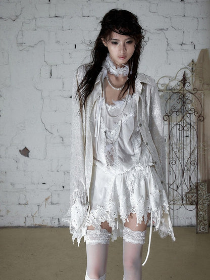 Beige Satin Lace-Trimmed Punk Shirt with Chain Accents