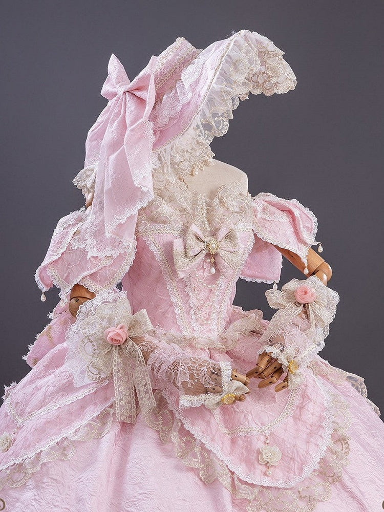 Pink Off-Shoulder Lolita Lace Gown with Ruffles and Bows - Hinana Queena