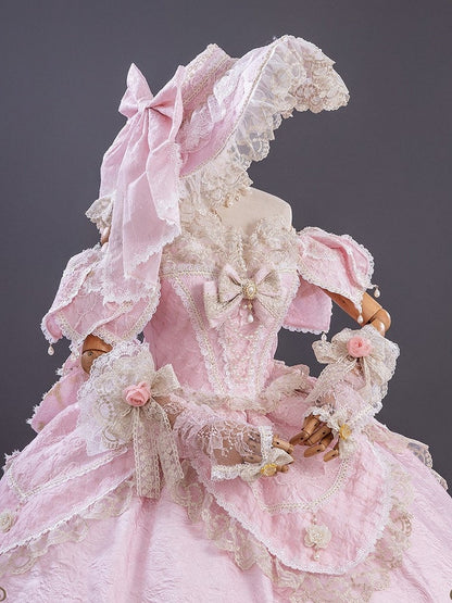 Pink Off-Shoulder Lolita Lace Gown with Ruffles and Bows - Hinana Queena