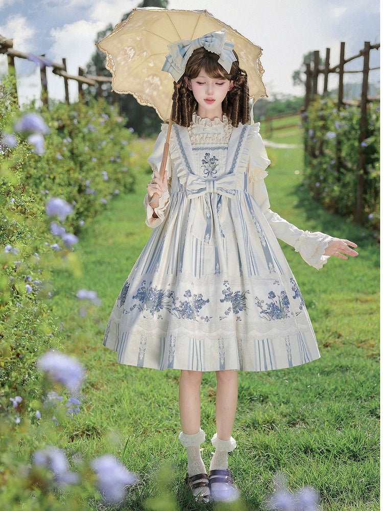 Blue & White Striped Floral Embroidered JSK Set with Knit Top, Belt & KC - With PUJI