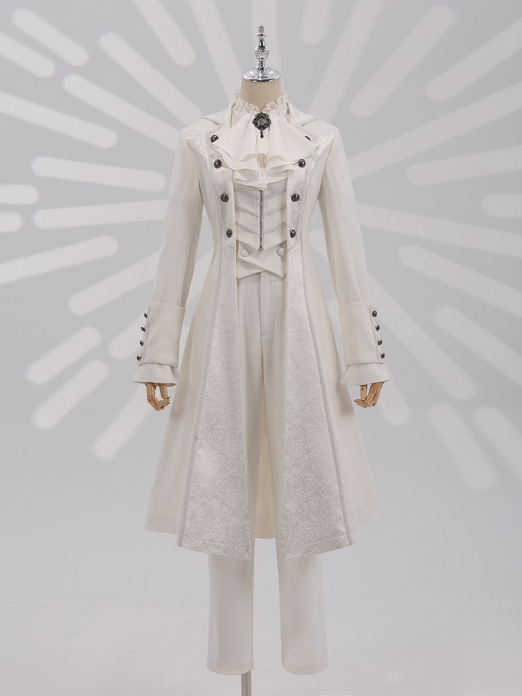 White Aristocrat Ouji Coat with Jacquard Placket and Lace-Up Back - DevilInspired Exclusive Collection