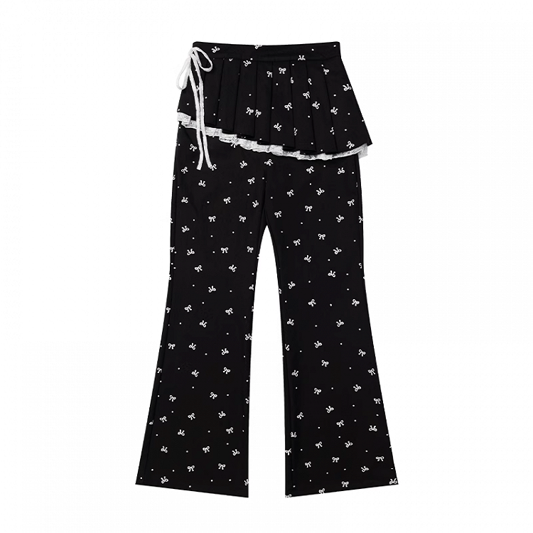 リボンプリントフレアパンツ ブラック ゴムウエスト オールオーバー